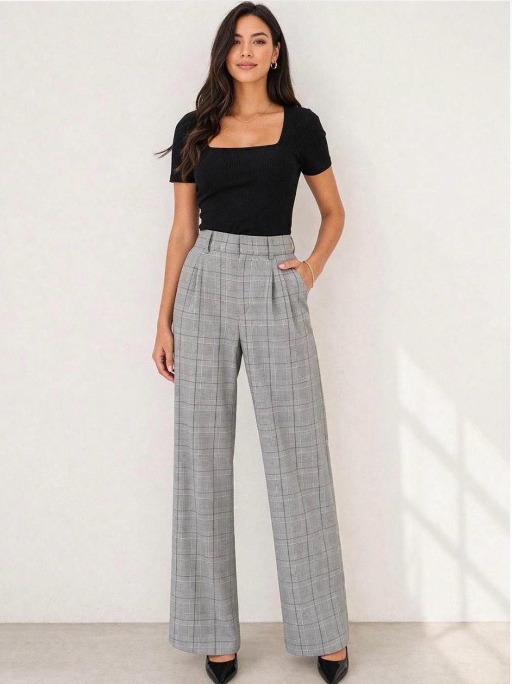 a new day Gray Plaid High-Waist Wide-Leg Trousers